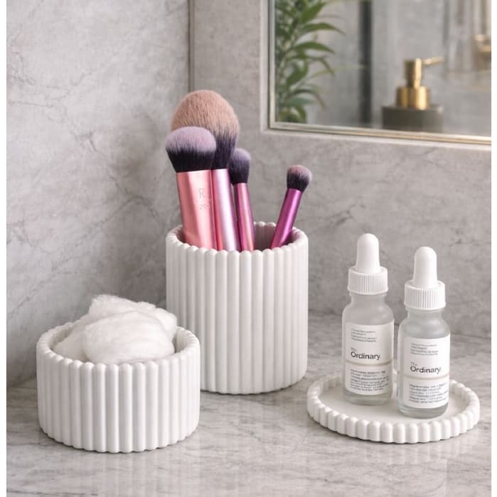 Conjunto 3 Potes Canelado MD, PQ e MINI – Porta Caneta, Lápis, Pincéis, Maquiagem Acessórios | Minimalista