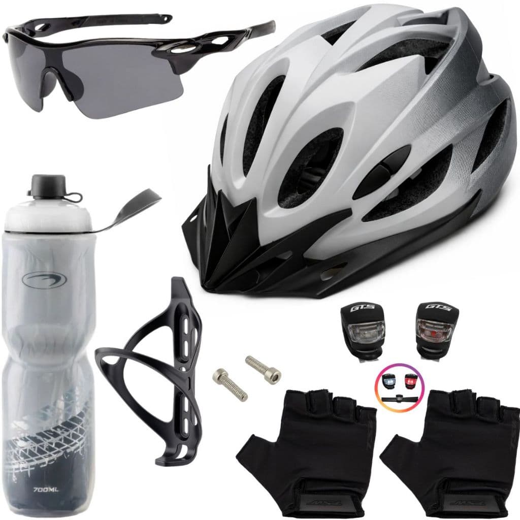 Capacete Bike + Garrafa + Suporte + Pisca + Óculos + Luvas