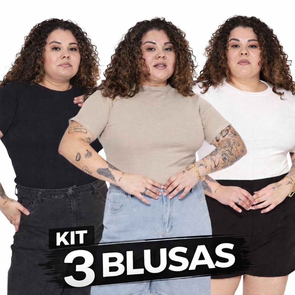 Kit 3 Blusa Básica Ribana Plus Size Feminina Básica Casual Moderna G GG G1