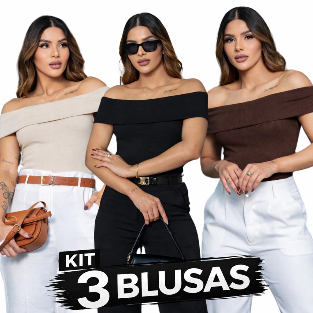 Kit 3 Blusa Feminino Básico Casual Ribana Ombro a Ombro Moda Gringa Verão KIT STELLA
