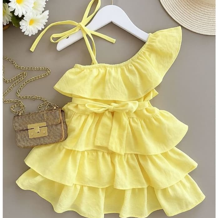 Vestido Infantil De Babado Para Menina Assimétrico Com Alça D Laço Ocasiões Especiais Moda Verão