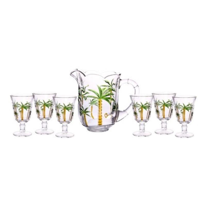 Conjunto Jarra com 6 Taças Cristal Lyor Vidro Palmeira 1,3L Hand Painting