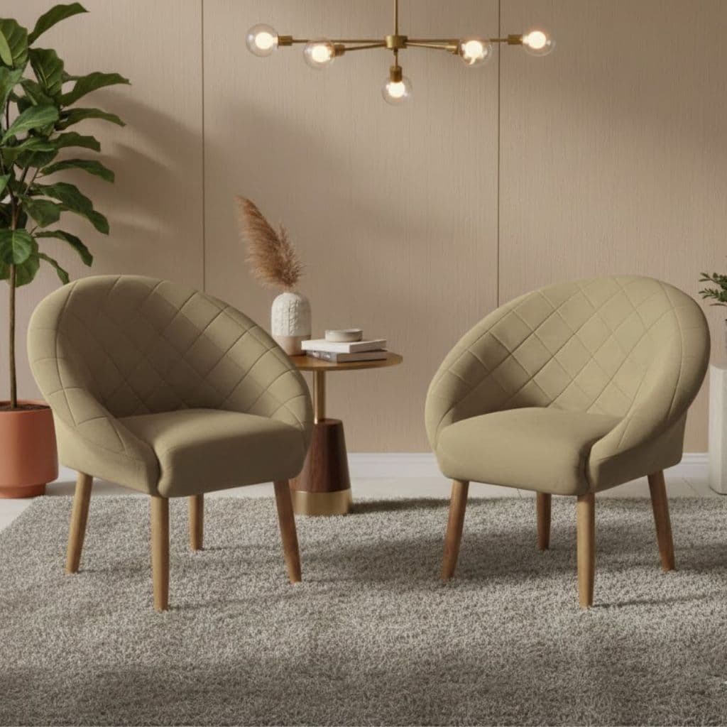 Kit 2 Poltronas Estofada Tecido Veludo Moderna para Sala de Espera Confortável Pés de Madeira