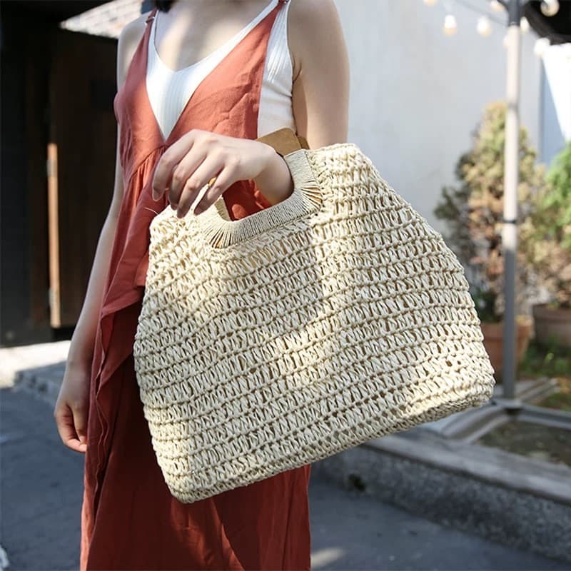 Bolsa de Palha Artesanal Grande com Alça de Mão Madeira Sacola Ombro Verão Boho Chic