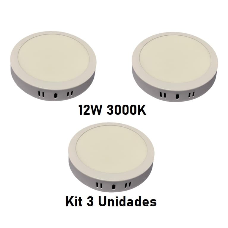 Kit com 3 Paineis LED LUX Sobrepor 12W 3000K Redondo Taschibra