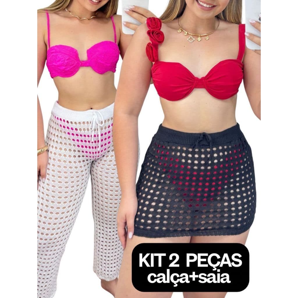 KIT SAIA+CALÇA Tricot Furadinha  – Saída de Praia Feminina Estilo Verão / Mini Saia Tricô Pantalona