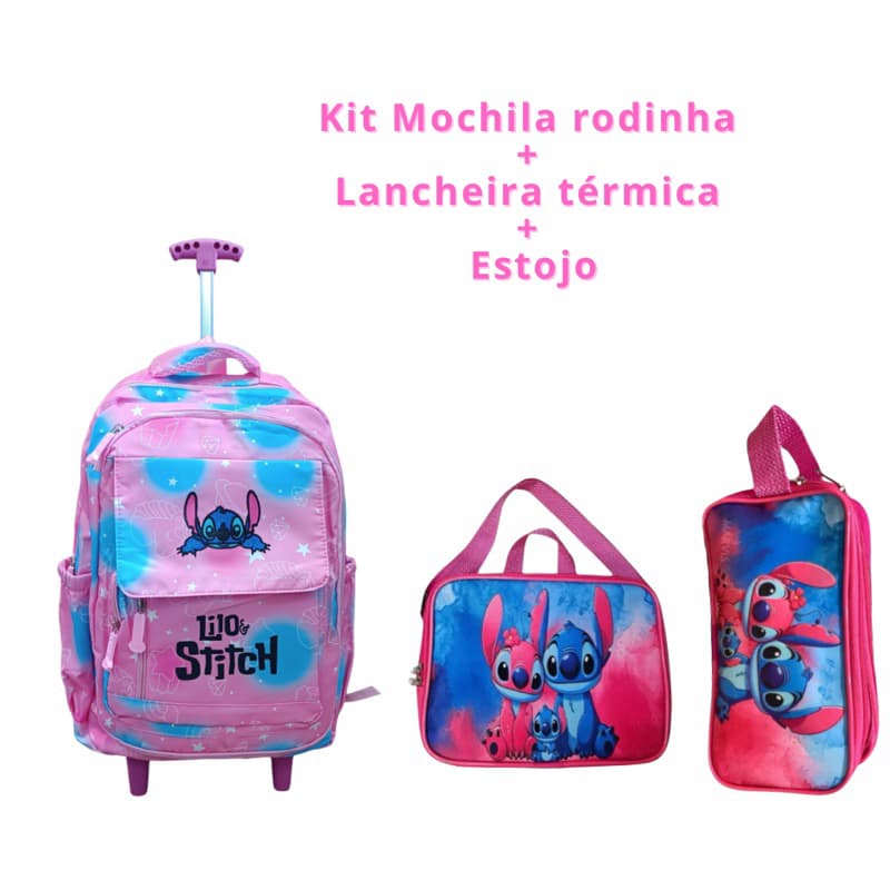 Mochila Stitch com Rodinha Infantil Juvenil com Lancheira Termica Estojo Grande Femenina Stit