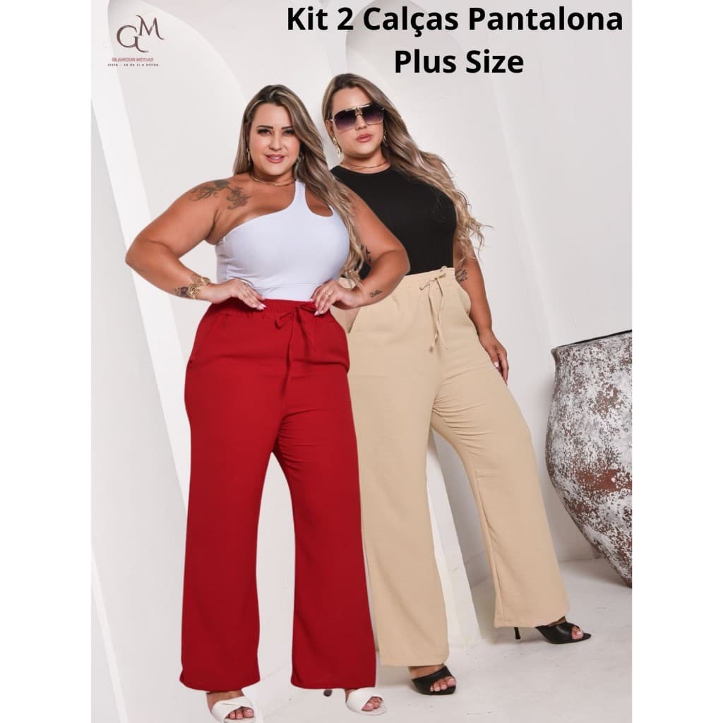 kIT c/02 Calça Pantalona Feminina Plus Size Cintura Alta Wide Leg Alfaiataria Duna Com Elástico Premium Social