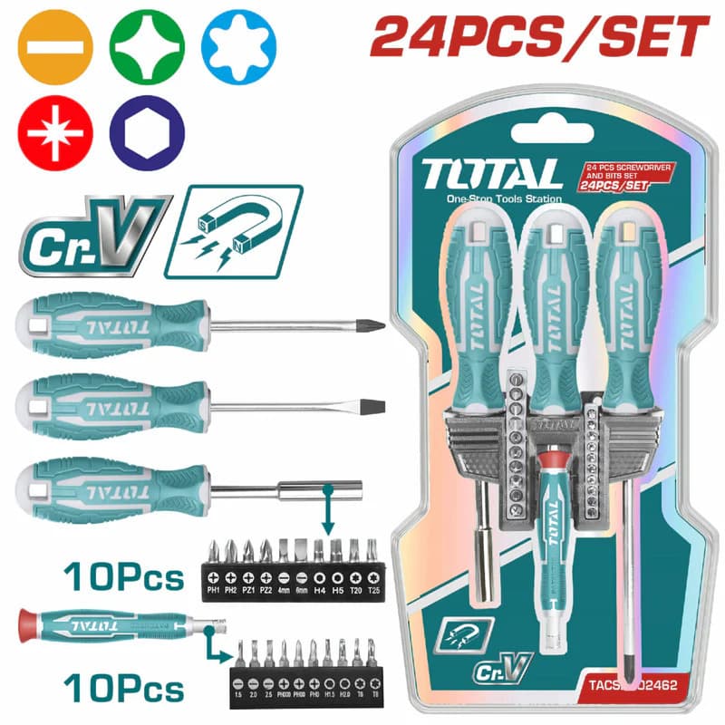 JOGO DE CHAVES FENDA/PHILLIPS (Cabo/Bits/Diversos) 24 Peças - TOTAL TOOLS
