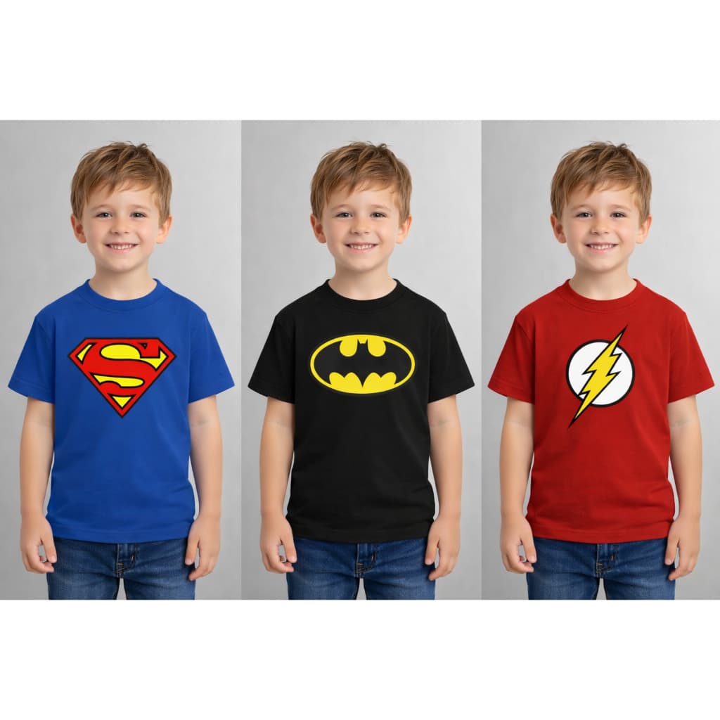 Kit 3 Camisetas Algodão Infantil Super Heróis Superman Flash Batman Desenho Cartoon Super Homen Cosplay Fantasia +brinde