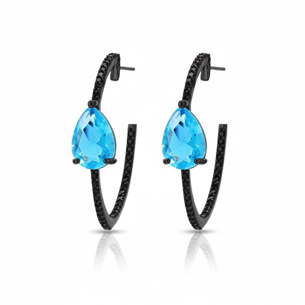 Brincos Femininos Meia Argola Preto com Pedra Azul Gota – Zircônia Cravejada Luxo Moderno