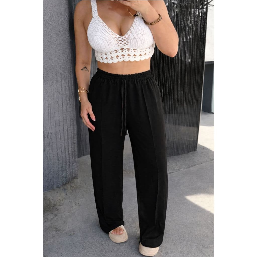 Calça Feminina Pantalona Preto Wide Leg Duna Tendência Casual Conforto Moderna Estilosa Praia Linda