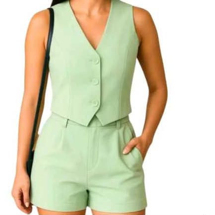 Conjunto social feminino colete com short cargo alfaiataria