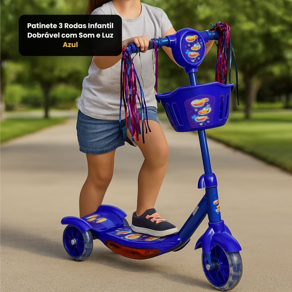 Patinete 3 Rodas Infantil Dobrável com Som e Luz cores Azul e Rosa