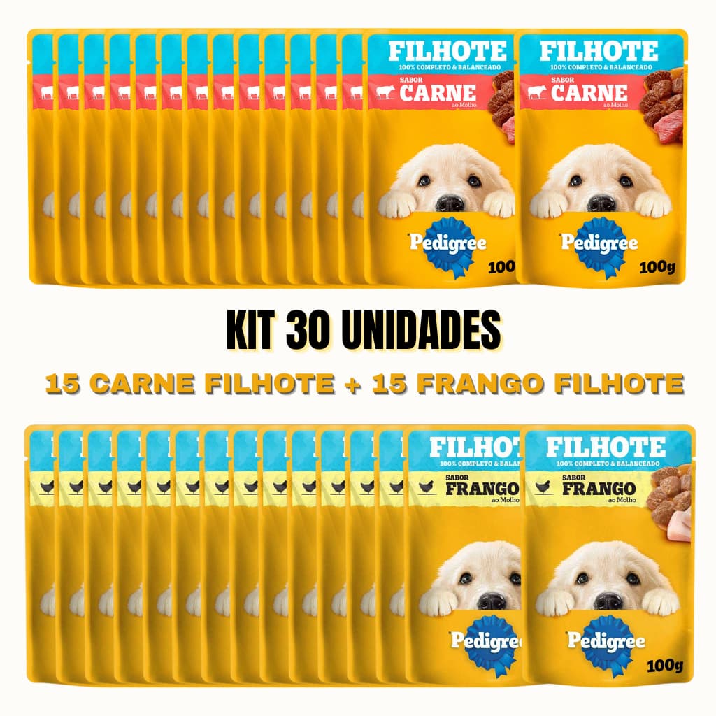 PEDIGREE SACHÊ CÃES FILHOTES  sabor Carne e Frango ao Molho 100g - Kit 30 unidades (15 carne+15 frango)