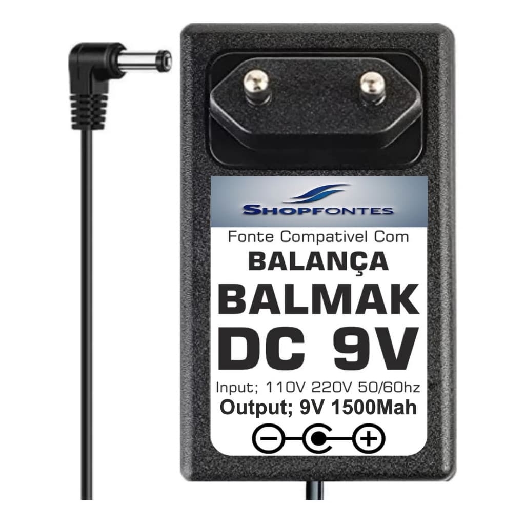 Fonte Para Balança Balmak 9V 1,5A Balança Pesadora Eletronica Plug 90 graus