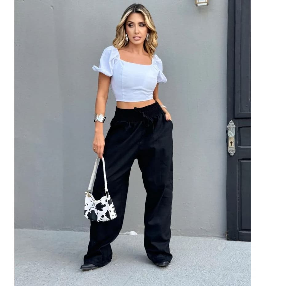 Calça Feminina Pantalona Preto Wide Leg Duna Tendência Casual Conforto Moderna Estilosa Praia Linda