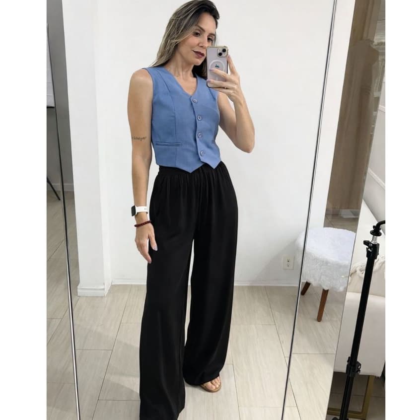 Calça Feminina Pantalona Preto Wide Leg Duna Tendência Casual Conforto Moderna Estilosa Praia Linda