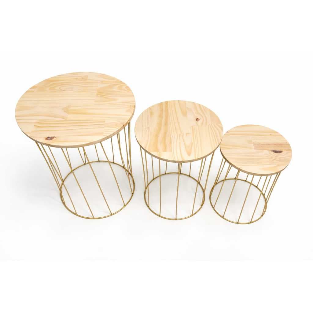 Trio de mesinhas para decoração de festas pinus crú