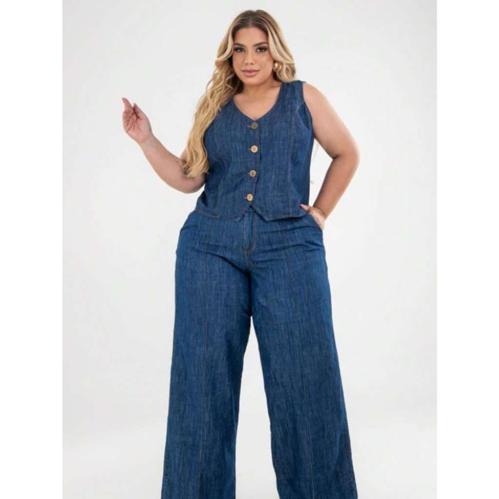 Conjunto Feminino Jeans Plus Size Colete Pantalona Wide Leg 100% Algodão Lavagem Escura Casual Elegante Urbano  Simples