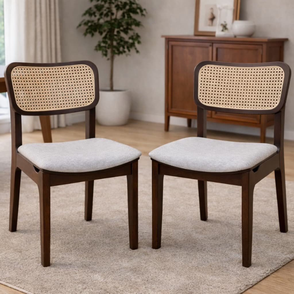 Kit 2 Cadeiras Para Sala Jantar Madeira Maciça Tecido Linho Bege Claro Estofado Encosto Rattan
