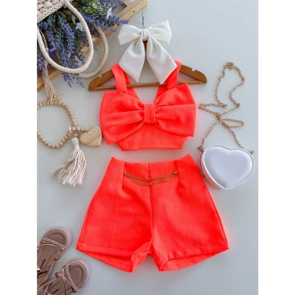 Roupa infantil feminina elegante com laço Conjunto infantil antialérgico (o linho é conhecido por ser gentil com a pele)