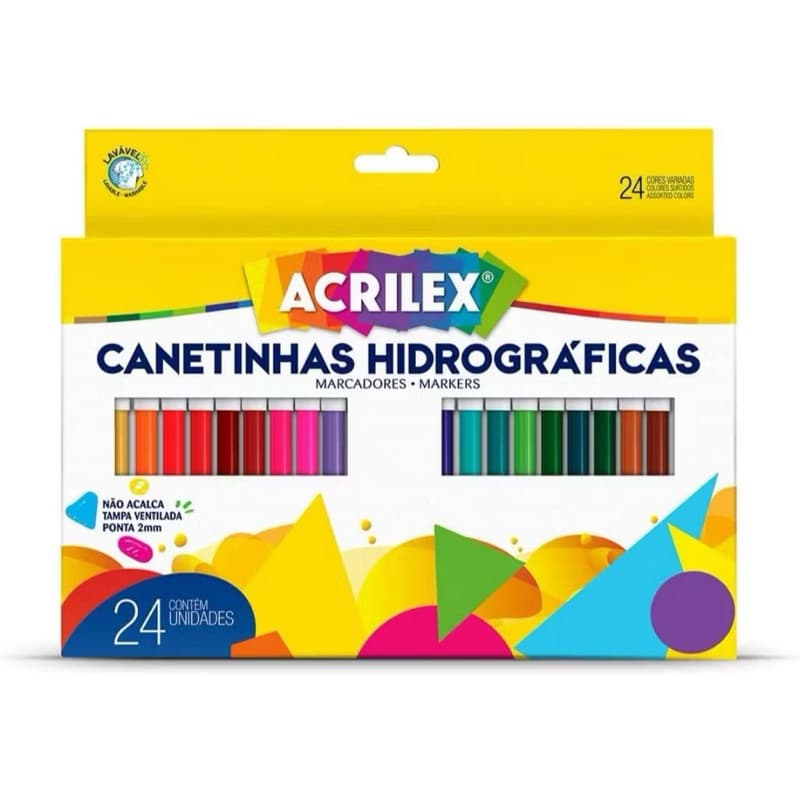 CANETINHAS HIDROGRÁFICAS COM 24 CORES ACRILEX - TINTA LAVAVÉL