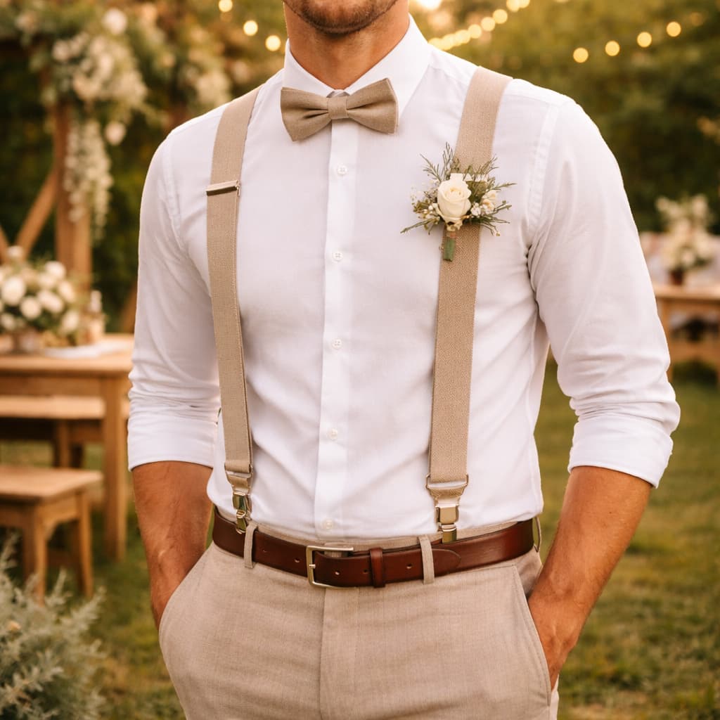 Kit Suspensório Bege e Gravata Borboleta Adulto Em Várias Cores Padrinhos Casamento