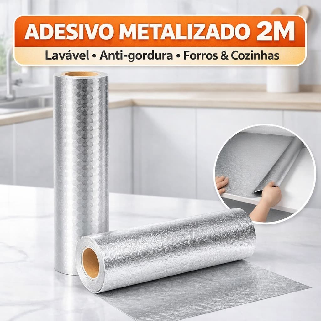 Papel Adesivo Lavável Metalizado 40cm x 2m Forro Cozinha Armário Gavetas Fogão Impermeável
