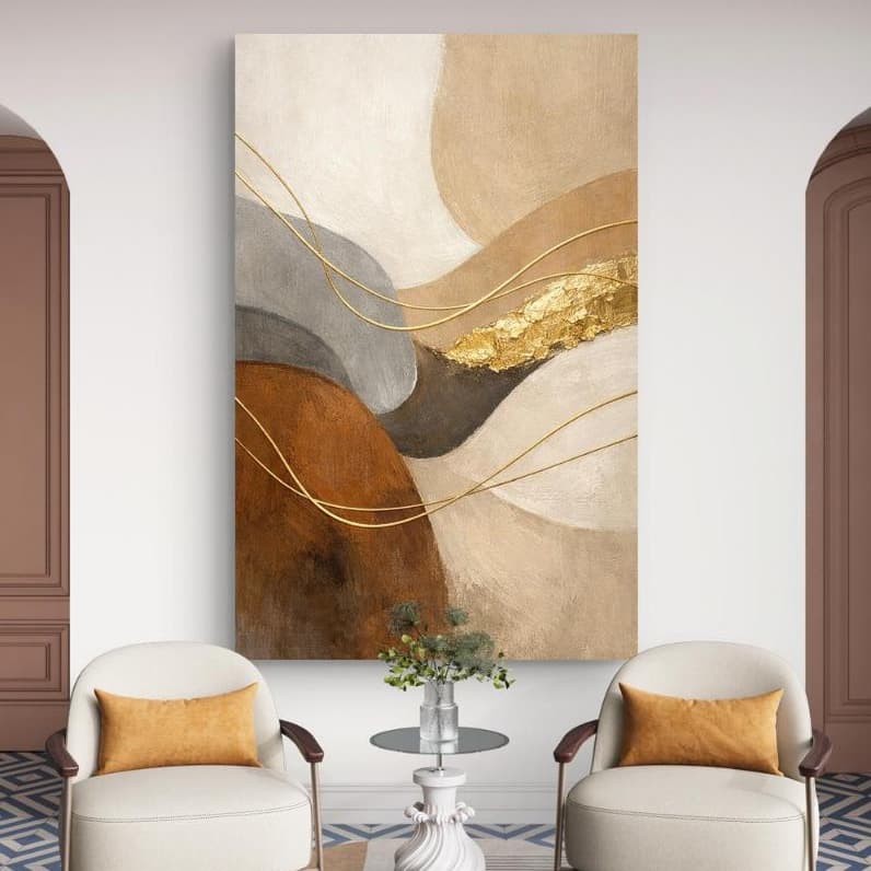 Quadro Decorativo 110x80cm Abstrato Moderno Tons Neutros e Dourado –Arte Sala Quarto Hall Escritório