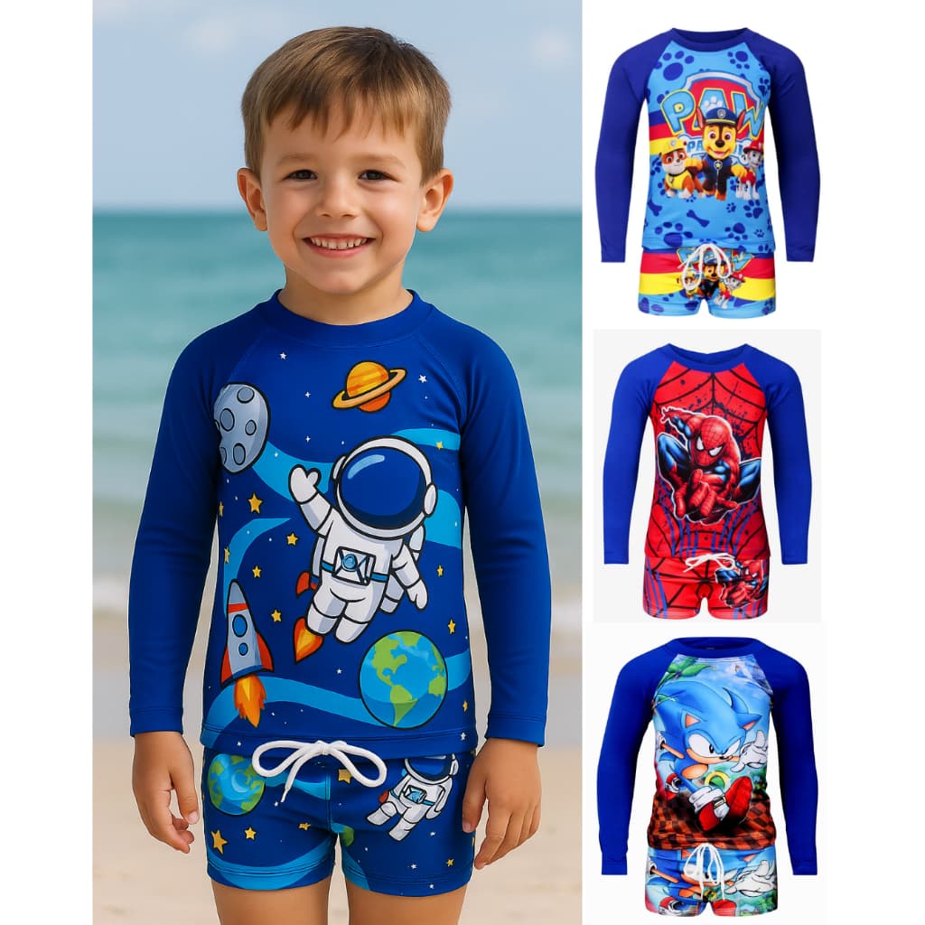 Blusa Térmica UV Infantil Menino Kit Praia Criança Conjunto de Banho Personagens