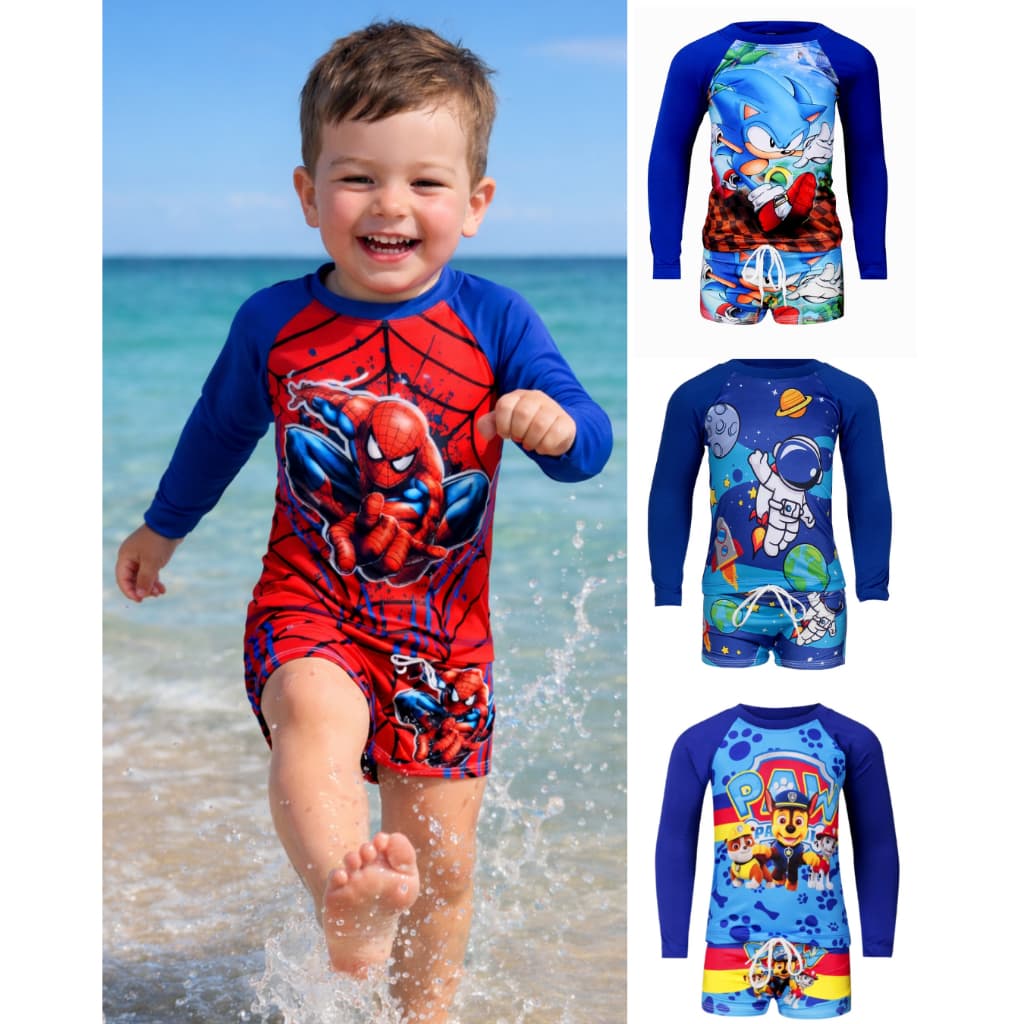 Roupa De Banho Infantil Menino Personagens 2 Peças Camisa Uv 50+ Sunga Moda Praia
