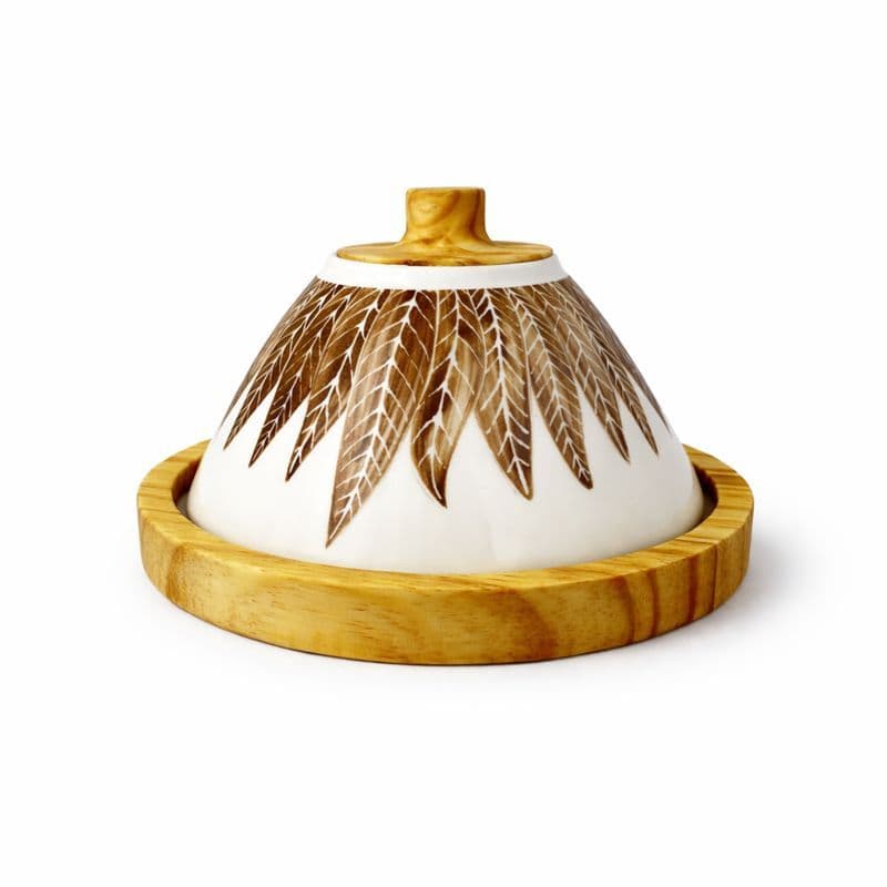 Cloche Queijeira Gourmet Folhagem em Cerâmica e Madeira Pinus Artesanal