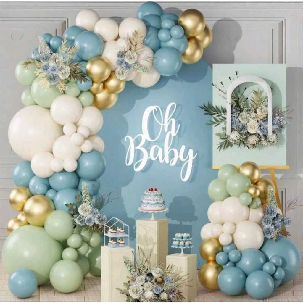 Kit Arco Balões Azul e verde pastel com dourado metalizado balões azul candy 90