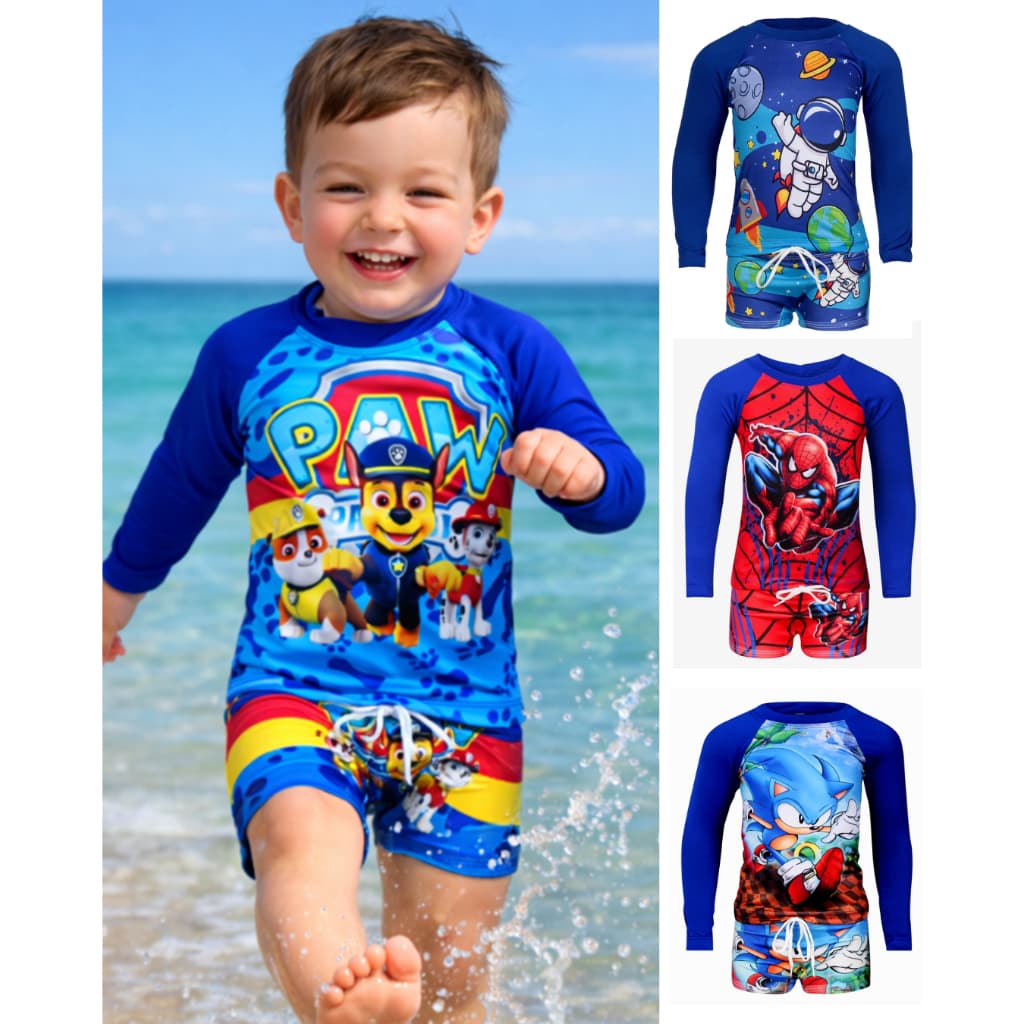 Conjunto UV50 Bebê Menino Roupa de Praia Camisa UV e Sunga Boxer