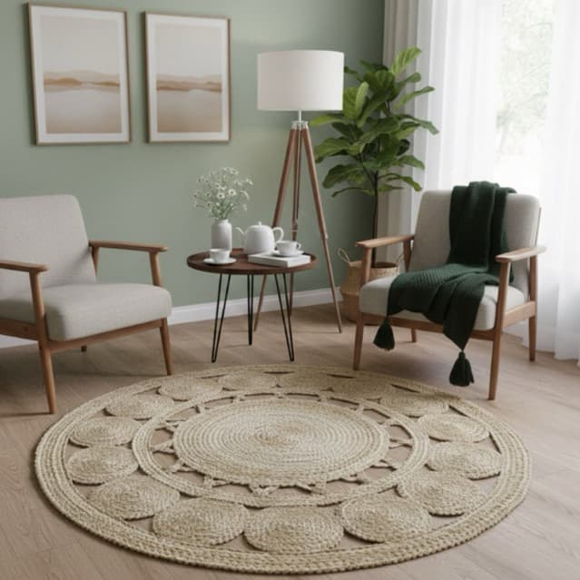 Tapete Sianinha Flor Redondo em Palha Carnaúba 1.20mt Artesanato Natural para Decoração