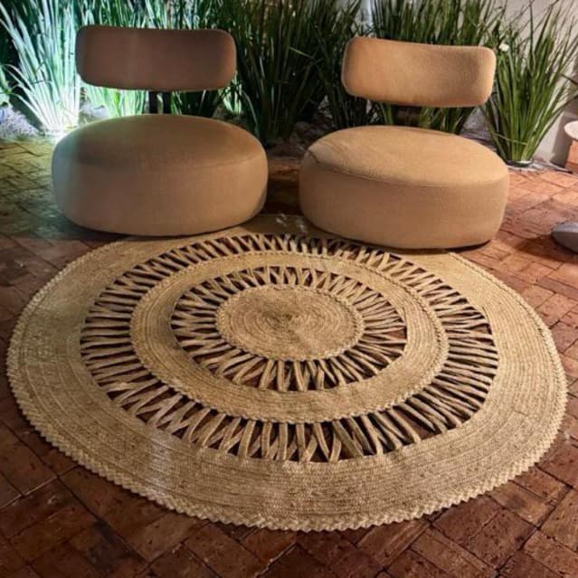Tapete Senegal Redondo 1.20mt em Palha Natural Artesanato Rústico para Sala e Quarto