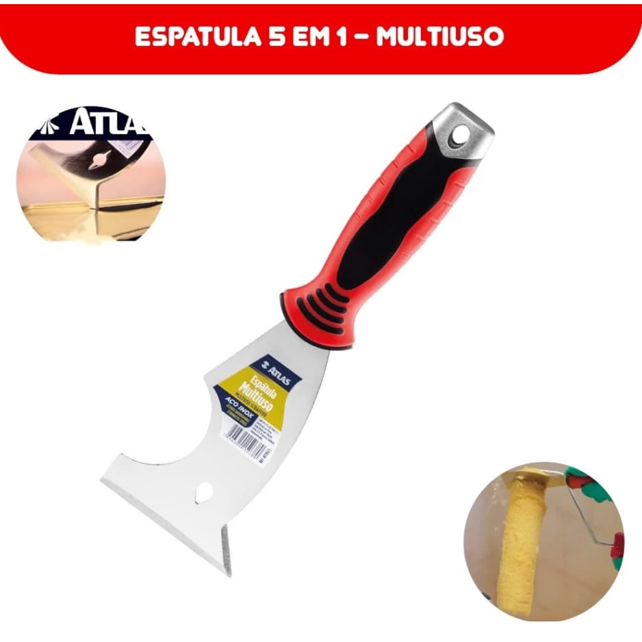 Espatula Inox 5 em 1 Atlas AT195/1 Abre Latas Retira Pregos Limpa Rolos de Pintura Raspador de Sujeiras