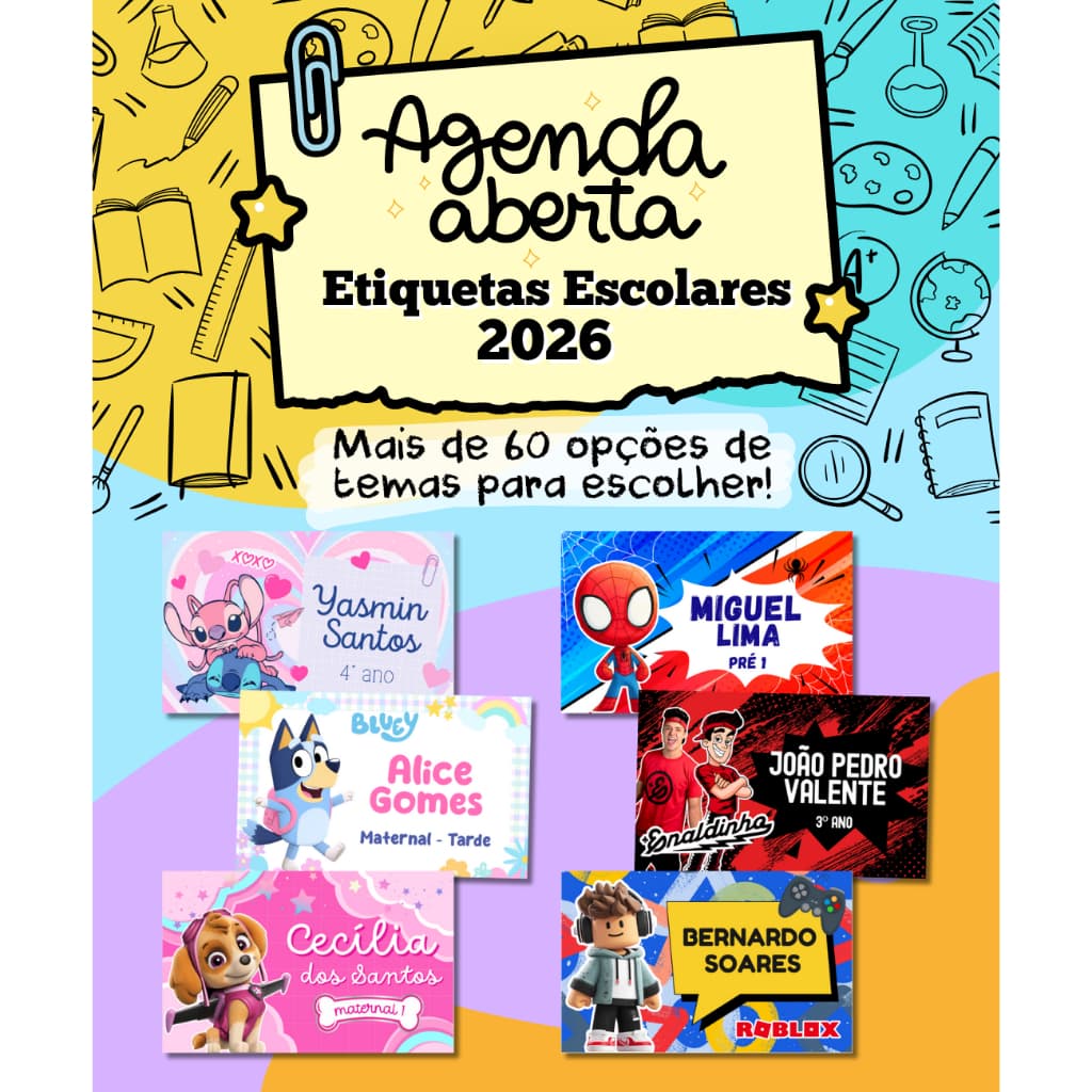 Etiquetas escolares personalizadas vários temas e modelos - volta às aulas