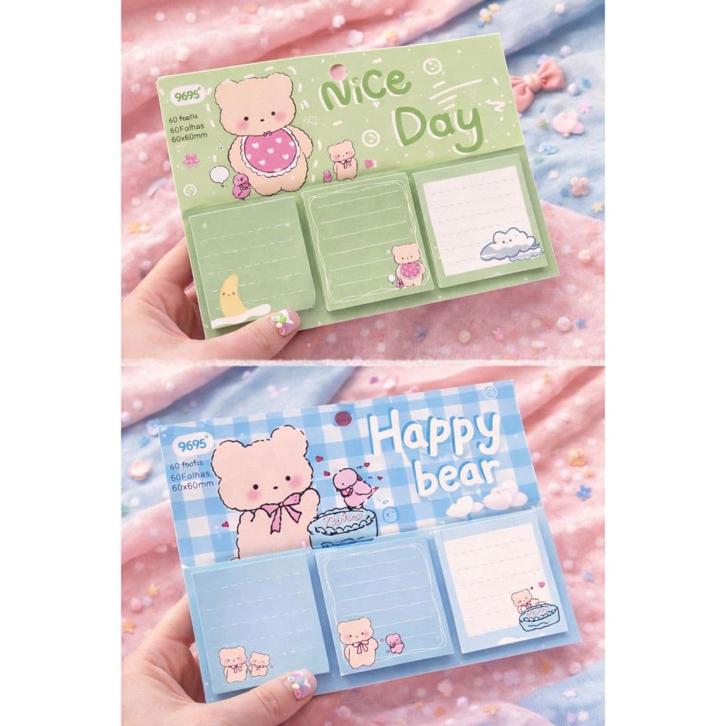 Post it Bloco Autoadesivo Cartela com 3 bloquinhos Kawaii