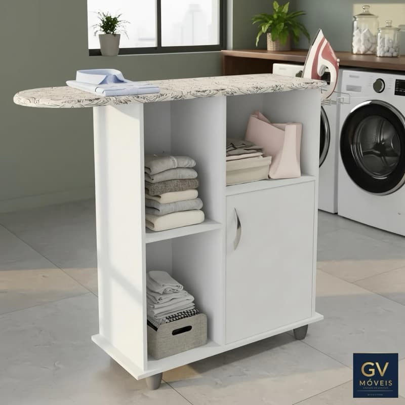 Tabua de Passar Multiuso com Porta , 3 Nichos e Suporte para Ferro de Passar - Ideal para Lavanderia