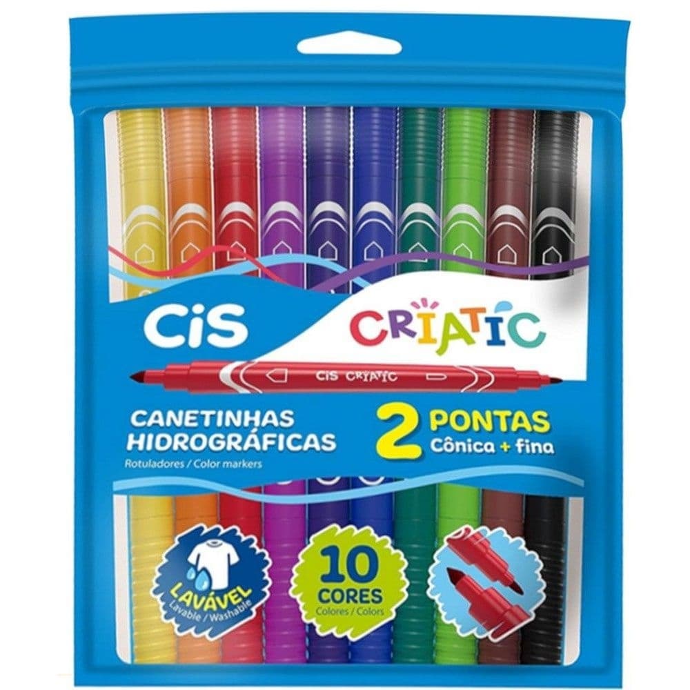 Caneta Canetinha Hidrográfica Lavável - Duas Pontas Cis Criatic 10 Cores Ponta Conica E Ponta Fina