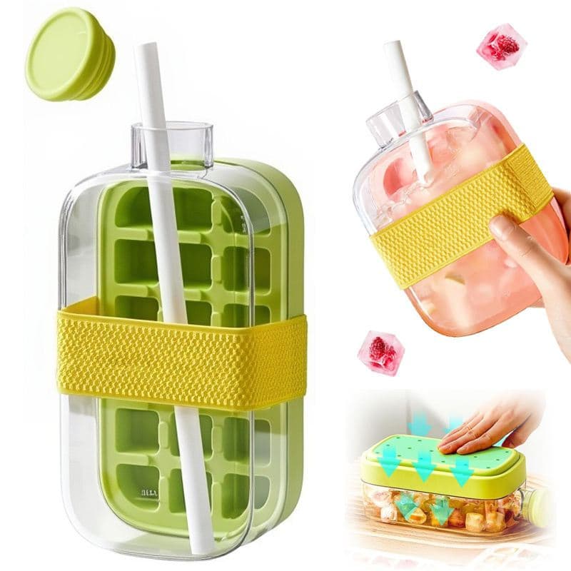 2 em 1 Bandejas Moldes de Gelo: Easy Press, Tampa À Prova de Vazamentos. Maker Portátil de Gelo com Garrafa e Canudo par