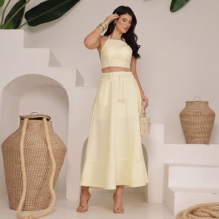 Saia Longa Feminina com Cintura Alta em Linho Moda Verão Elegante