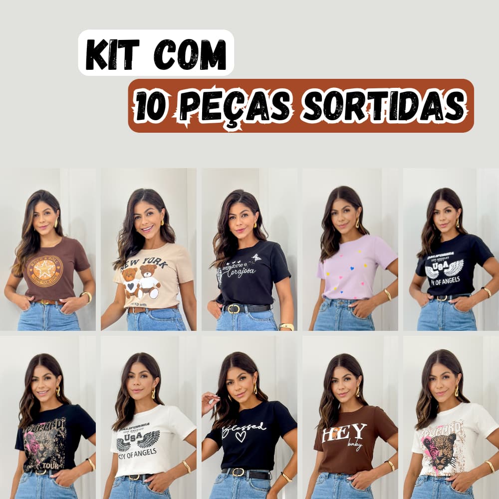 Kit 10 Camiseta Feminina  Blusinha T-Shirt Estampada  100% Algodão Moda Premium Verão Blusa
