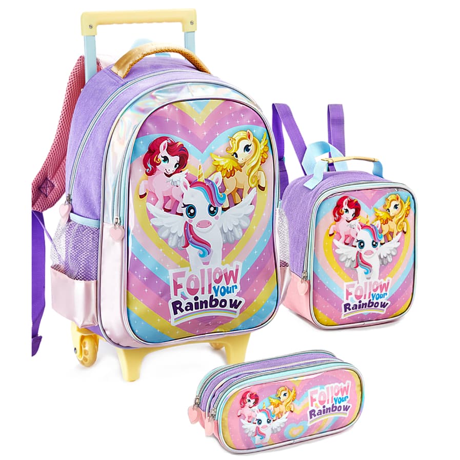 Kit Mochila Com Carrinho +Lancheira Térmica  +Estojo Duplo, Unicórnio