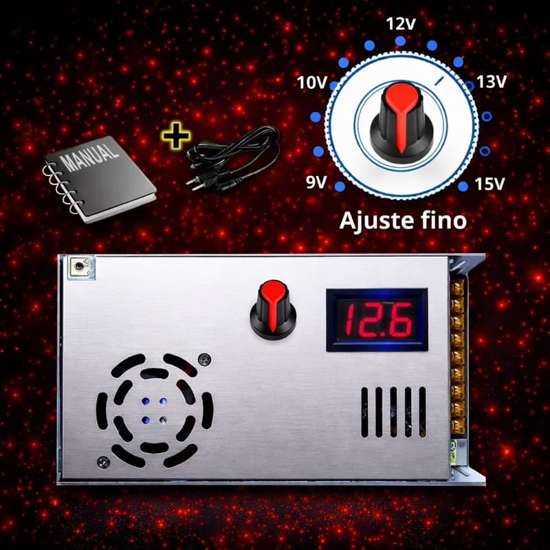 Fonte Automotiva Chaveada 11-15 V 150 Amperes   controladora de 9v a 15v com potenciômetro.+ Voltimetro VERMELHO +MANUAl