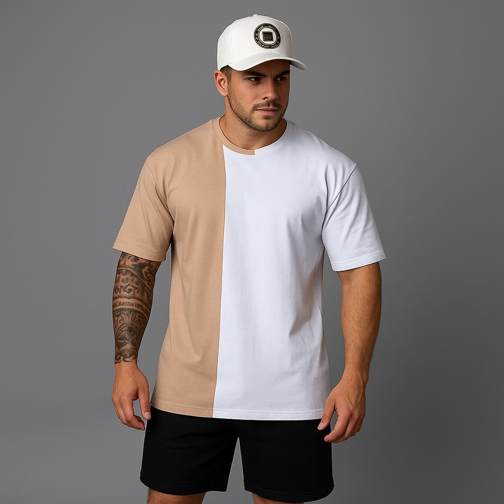 Oversized Streetwear Camiseta Básica Bi Cor Camisa masculina Bege com Branco