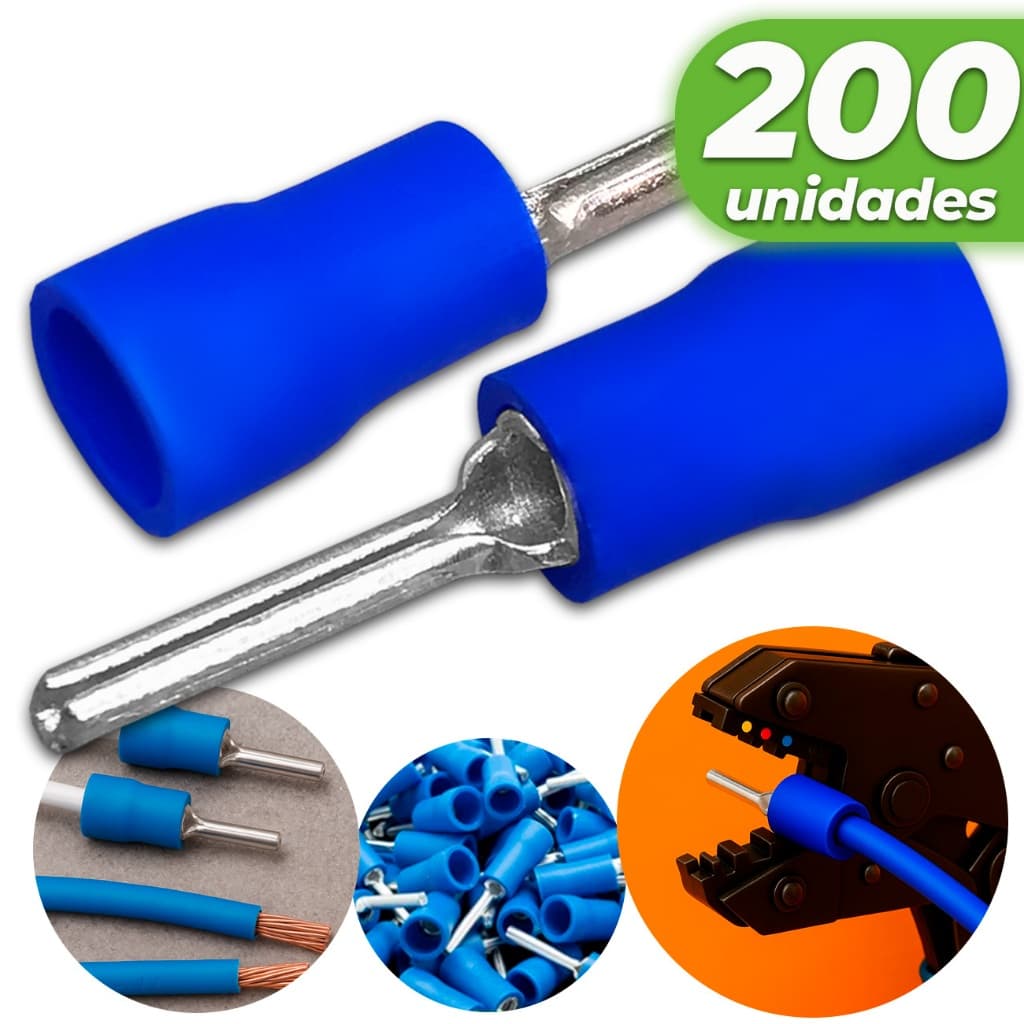 Kit 200 Terminal Pino Agulha Lamina Pré-isolado 1,50 A 2,50mm Azul Conector Eletrico p/ Cabos e Fios