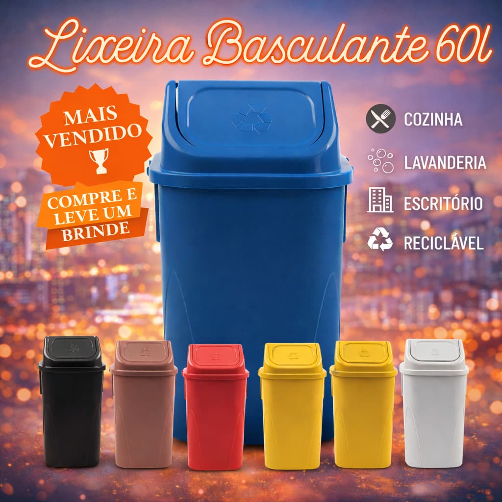 Lixeira Coleta Seletiva 60L com Tampa Basculante Tampa Vai e Vem Resistente ao tempo